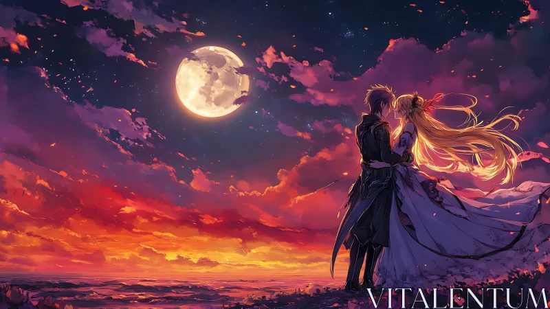 Couple embracing under full moon and vivid sunset sky.