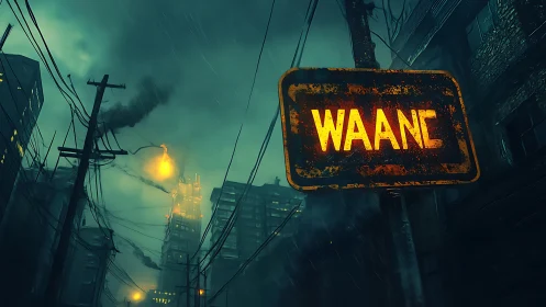 Glowing WAANE sign burns through a stormy cyberpunk night