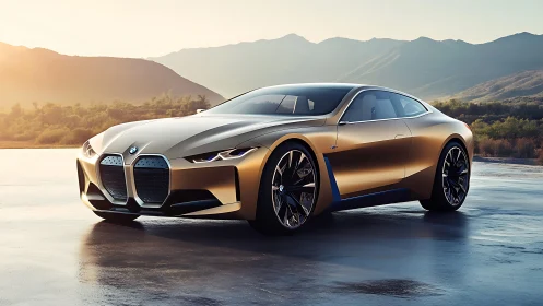 Golden coupe concept stands against hazy mountain sunrise.