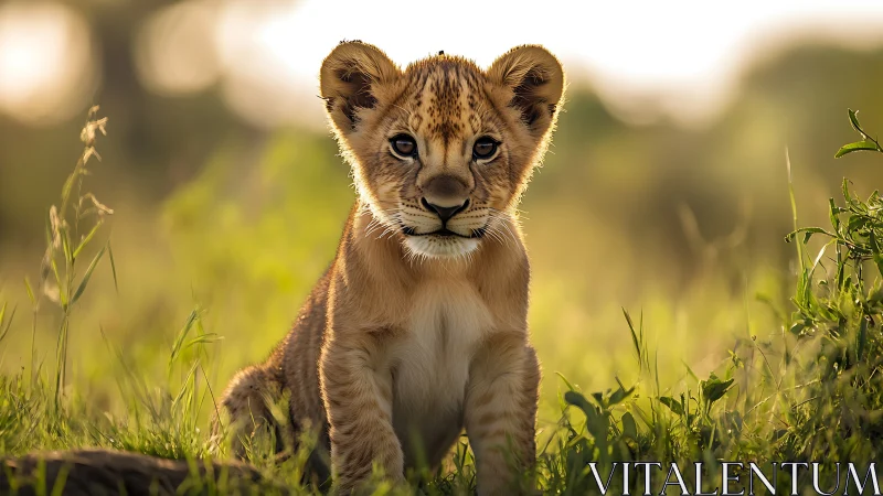 Backlit juvenile lion in shallow-depth grassland portrait.