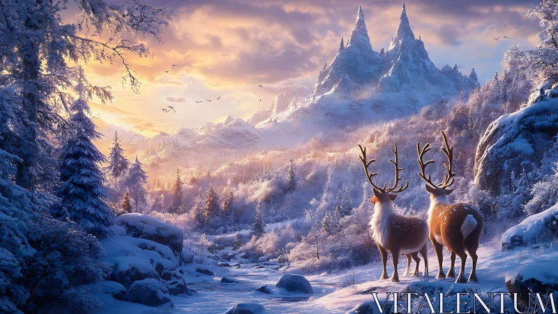 Two reindeer stand in a snowy valley facing distant peaks