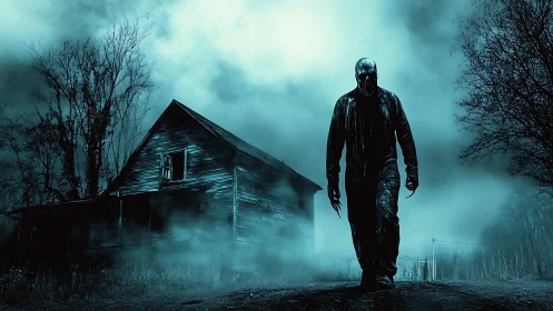 Masked shadow advances from foggy haunted farmhouse at night.