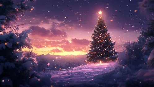 Snowfield twilight crowns a lone Christmas tree in light