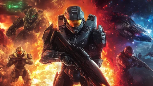 Armored space marines advance through bifurcated cosmic battlefield