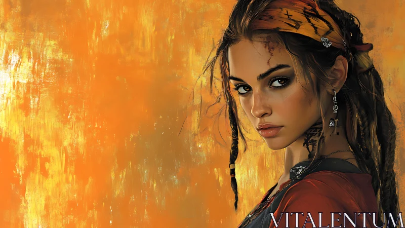 Fierce desert muse against a storm of molten gold.