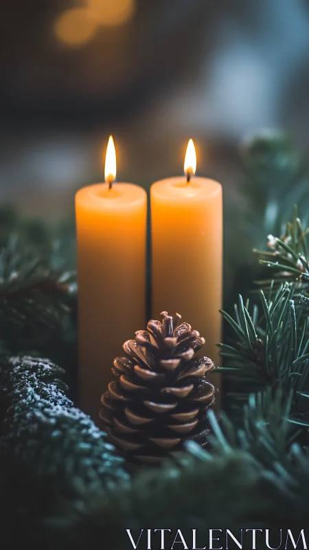 Vertical twin candles illuminate pinecone within shallow depth