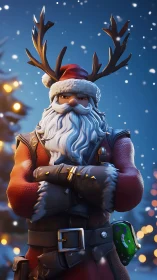 Stylized 3D Santa warrior with antlers under soft winter bokeh