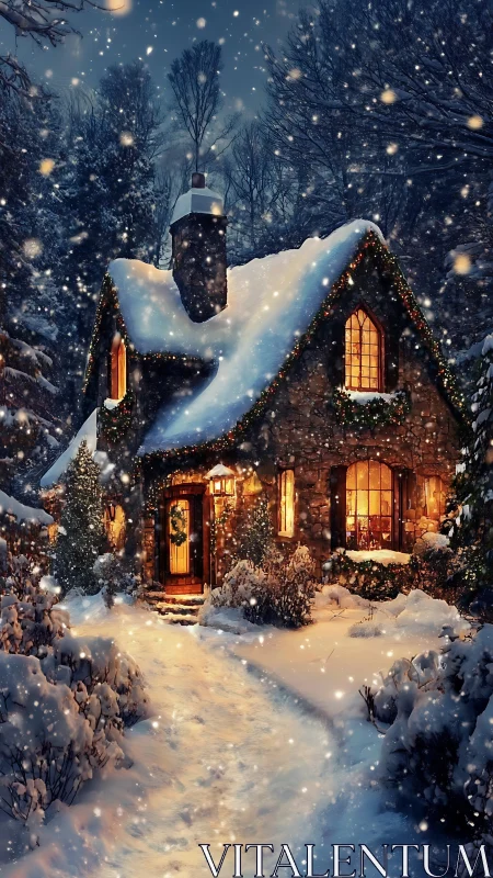 Snow-covered stone cottage with lit windows in forest setting.