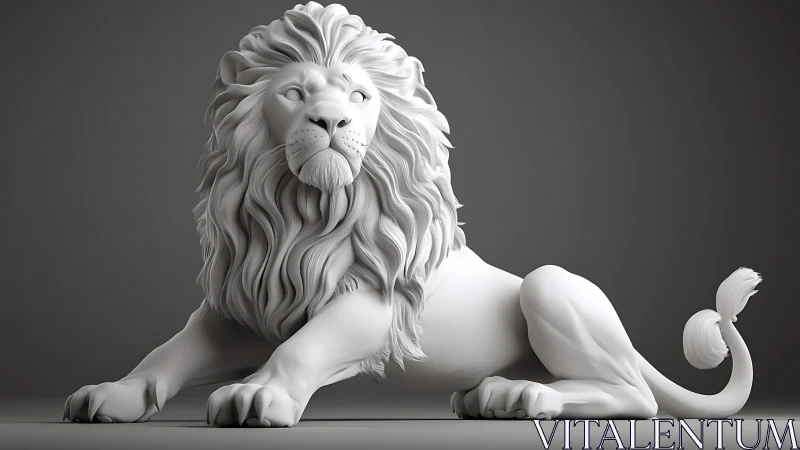 Regal white lion sculpture rests in minimalist studio light