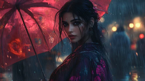 Woman under red umbrella in neon lit rainy street scene.