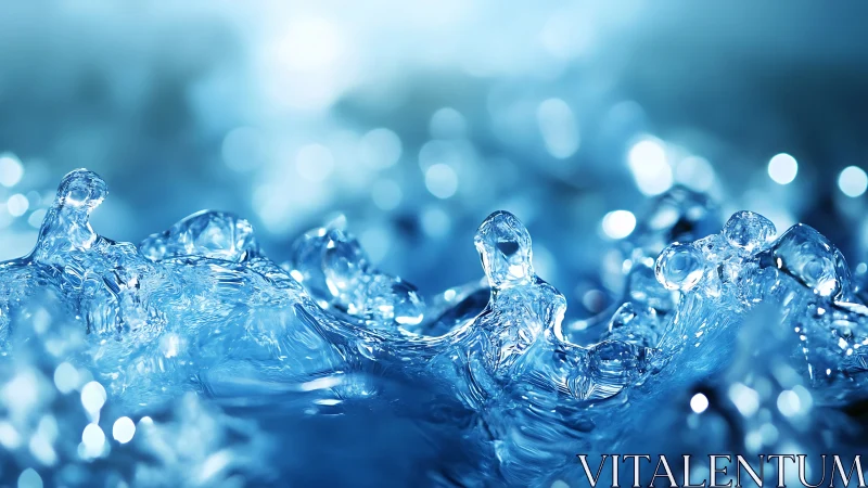 Macro water splash forms crystalline blue liquid peaks