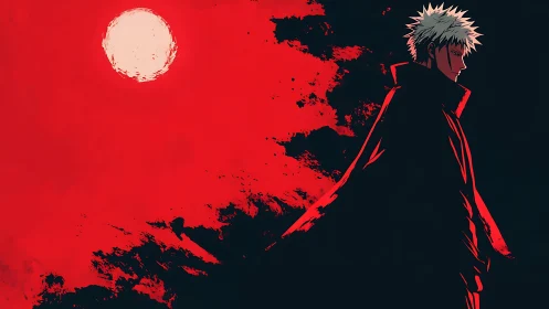White-haired warrior stands against blood-red eclipse sky