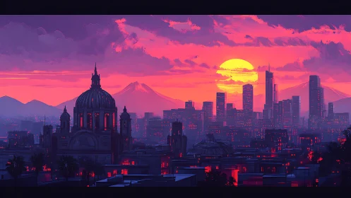 Digital skyline with domed cathedral under stylized sunset light