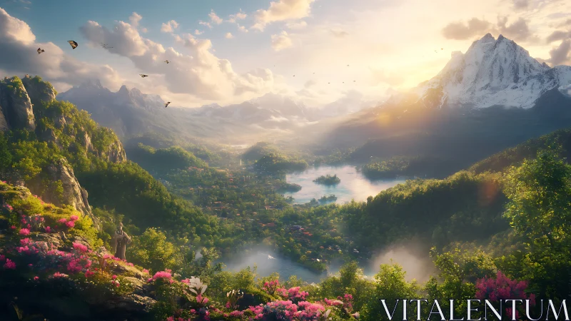 Sunlit fantasy valley opens around tranquil lakes and peaks