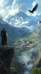 Lone armored ranger surveys vast medieval valley kingdom