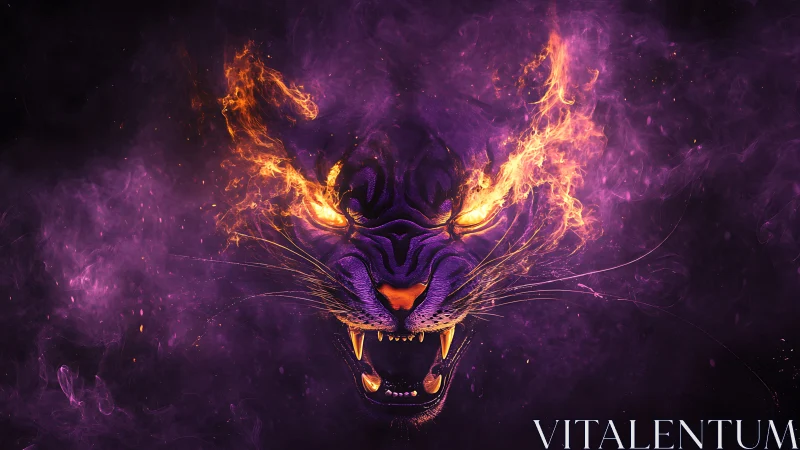 Digital tiger head rendered with purple smoke and orange fire