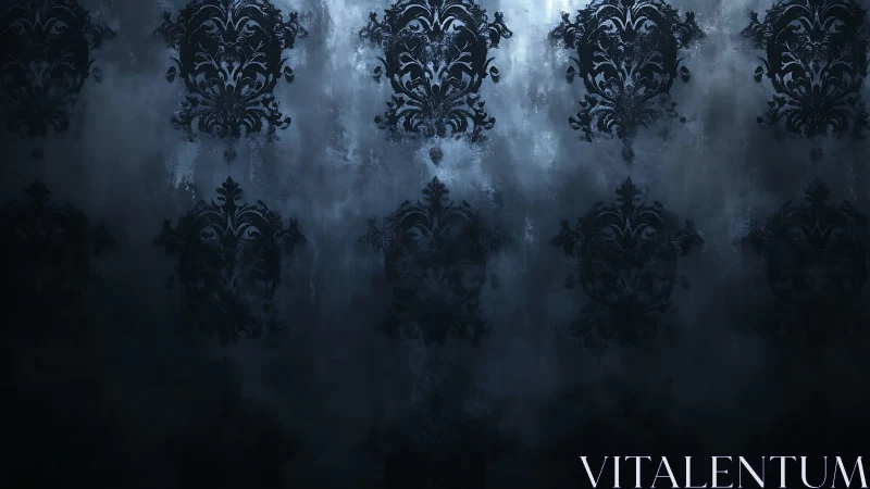 Ornate damask silhouettes on moody misted backdrop.