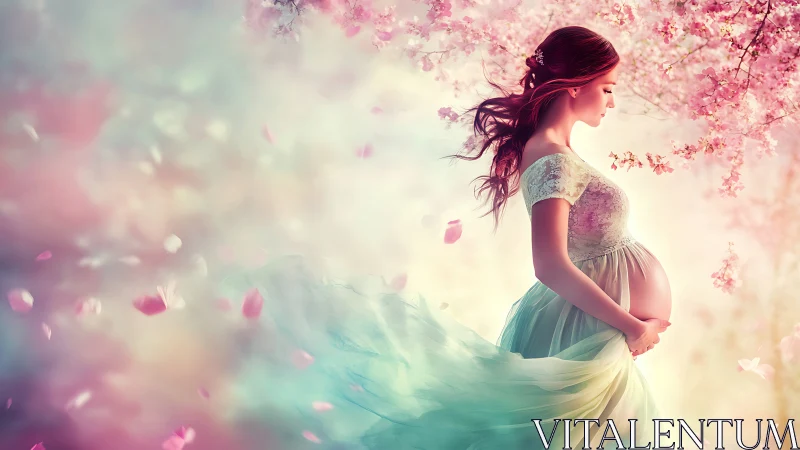 Pregnant woman in cherry blossoms with flowing pastel gown.
