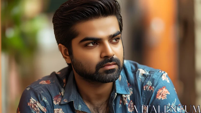 Bearded man in floral shirt looking away thoughtfully.