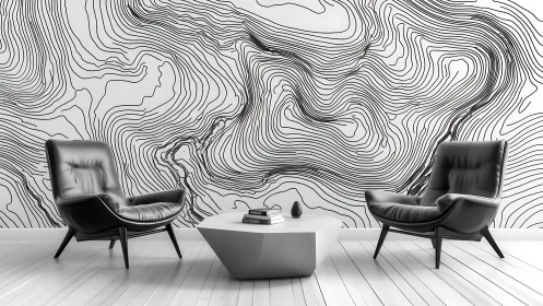 Curvy line art accent wall with cozy modern lounge chairs.