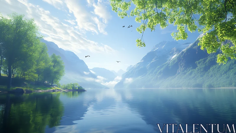 Mountain lake with tree-lined shore and distant peaks.