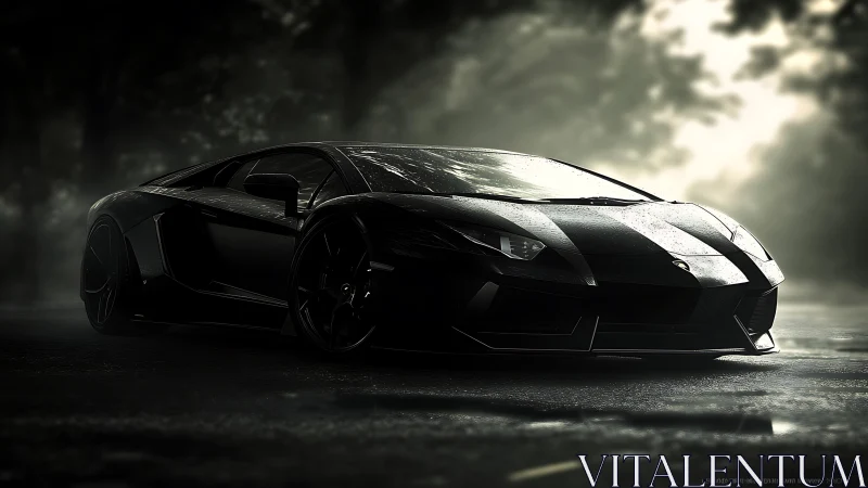 Noir stormrunner supercar prowling a rain glazed road.