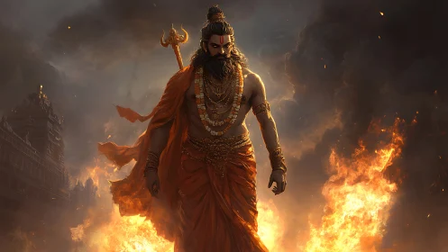 Fire-wreathed sage striding through storm-lit sacred ruins.