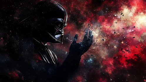 Helmed dark figure orchestrating nebular fragmentation field.