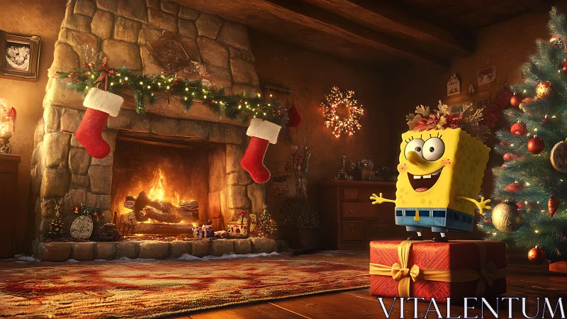 SpongeBob stands on wrapped gift in decorated Christmas room