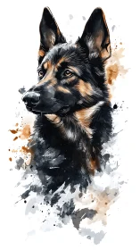 Expressive German Shepherd portrait in loose watercolor splashes