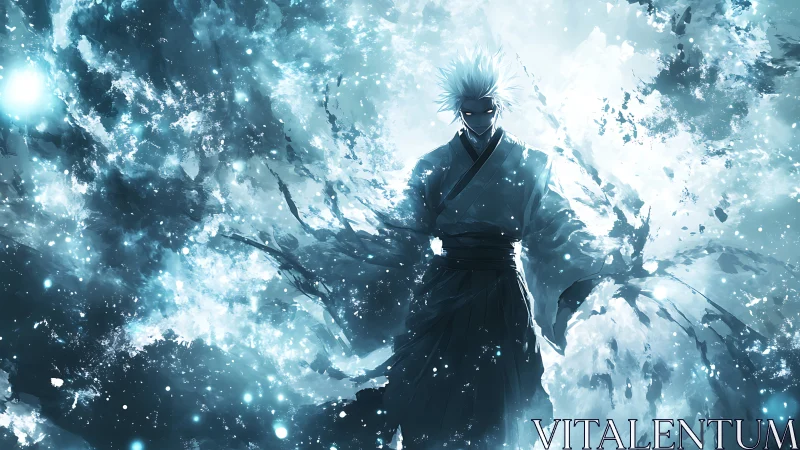 Elemental warrior silhouette amid explosive icy energy field