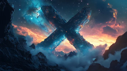 Celestial stone X rising over glowing alien horizon.