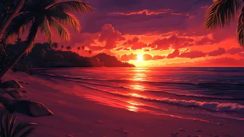 Radiant tropical sunset ignites a tranquil palm-lined shore