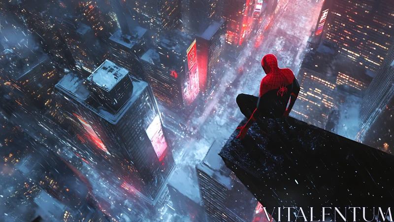 Masked hero watches snowy neon city from tower edge