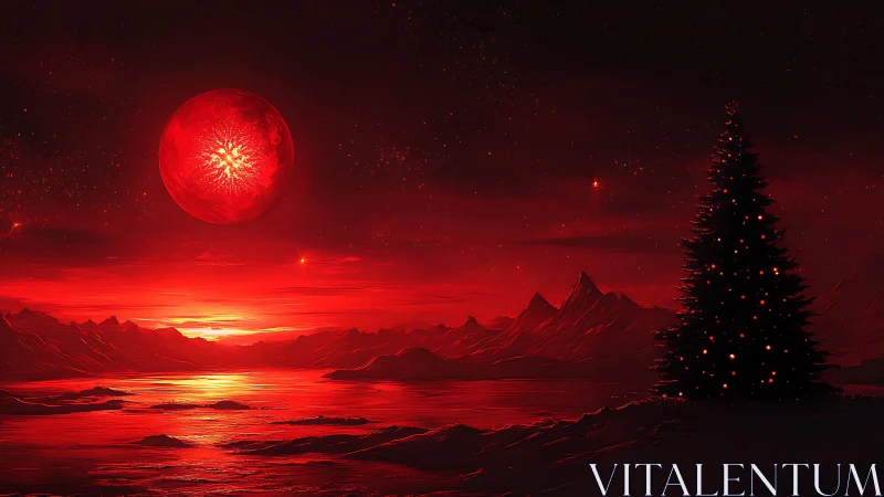 Crimson winter moonrise over a quietly glowing pine tree.