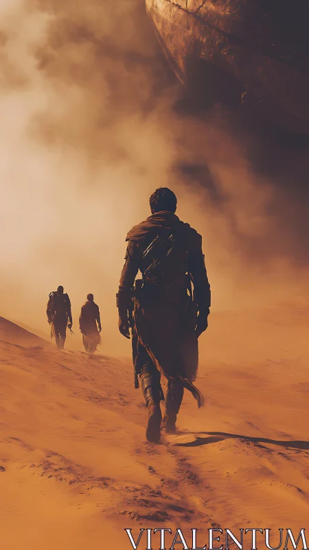 Desert wanderers stride beneath a sleeping sand colossus.