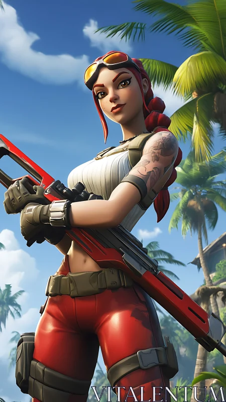Tropical red armored heroine with rifle in island outpost.