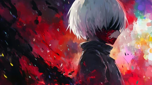 White haired figure amid violent abstract crimson storm.