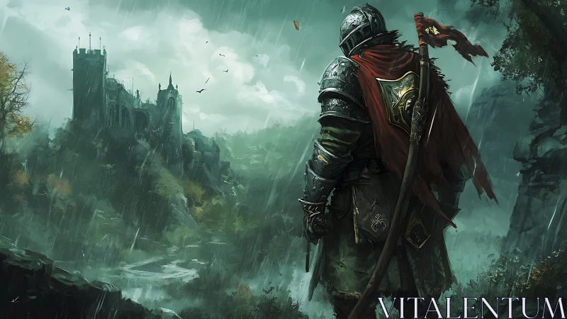 Armored knight observes distant castle in heavy rain