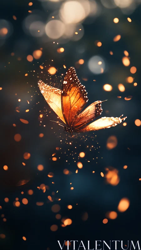 Orange butterfly glowing amid warm bokeh sparks at dusk.