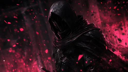 Hooded dark figure with sword amid red glowing fragments.