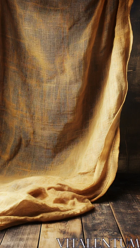 Golden linen fabric drapes over rustic weathered floor.