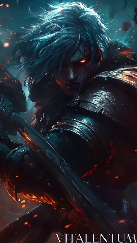 Demonic swordsman ignites twilight battlefield with fury.