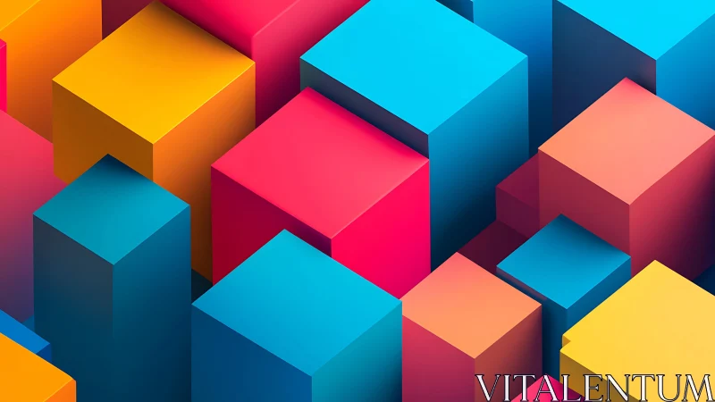 Colorful geometric cubes stacked in a playful cityscape.