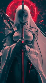 Crimson Halo Ronin Android guarding the neon eclipse.