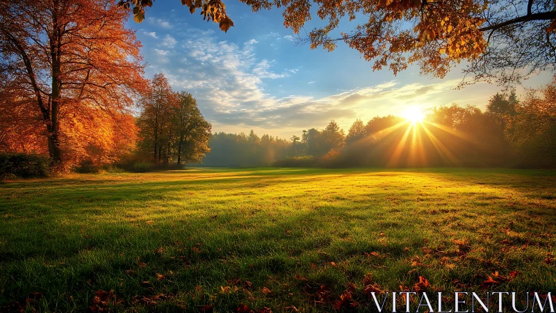 Autumn sunrise over grassy field with warm golden light.