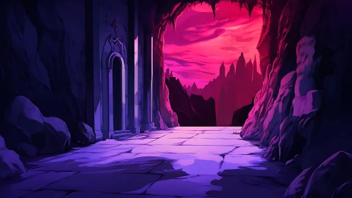 Twilight cavern corridor opens onto a crimson fantasy skyline