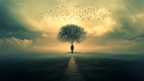 Solitary figure beneath lone tree in misty open field.