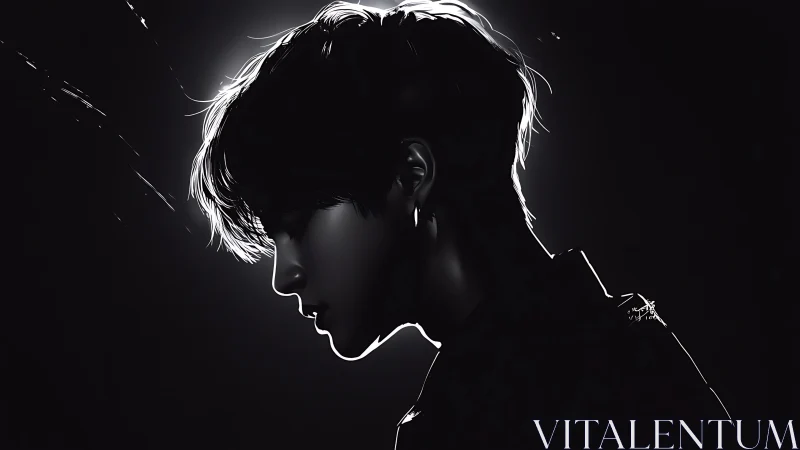 Backlit monochrome profile portrait of young person.