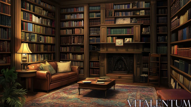 Digital painting of classic wood‑panelled private library interior.